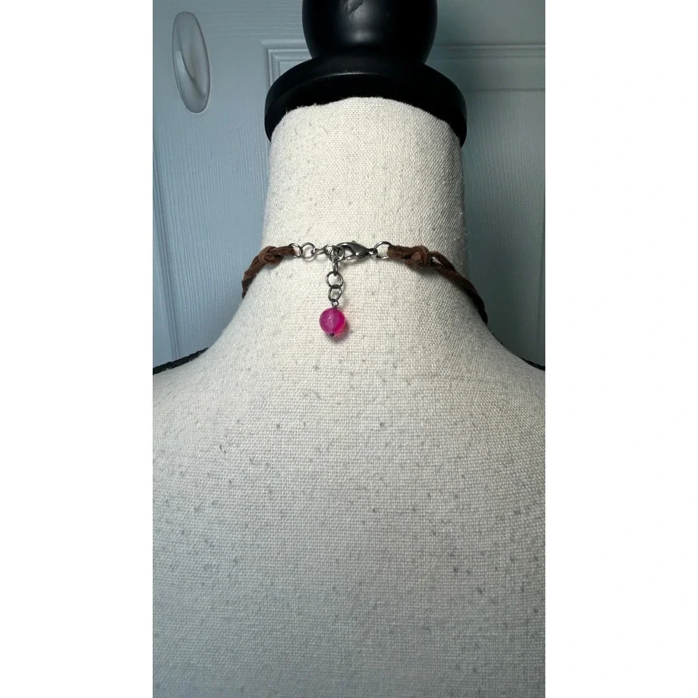 Pink Agate Beaded Statement Necklace Leather Cord Silver Tone Boho Bib Festival